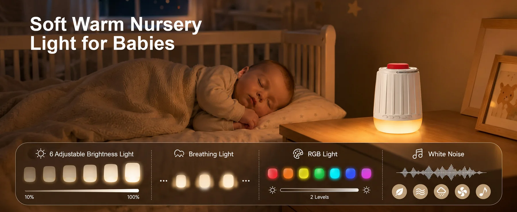 Sleep Hub warm night light beside a sleeping baby