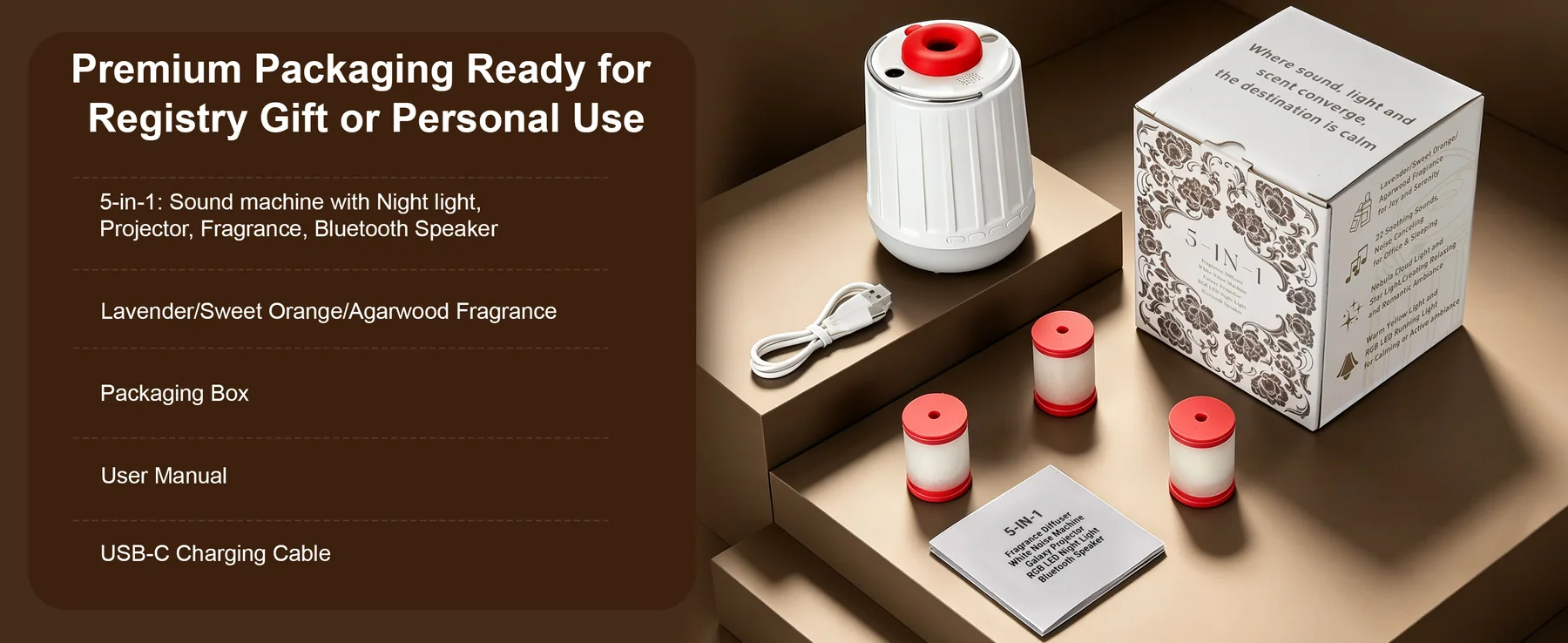 Sleep Hub package set with fragrance cartridges and cable