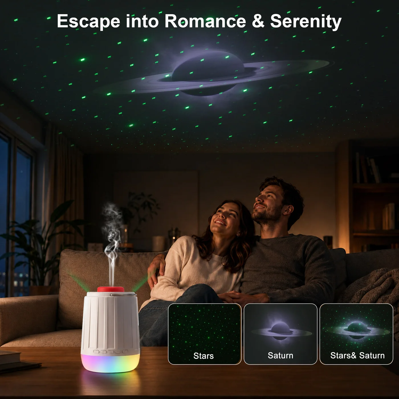 Couple relaxing under the Sleep Hub star and Saturn projection
